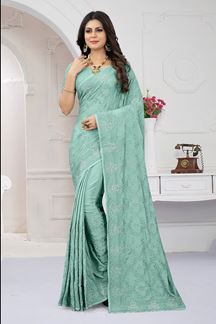 Picture of Pretty Dusty Sea Green Colored Designer Silk Saree