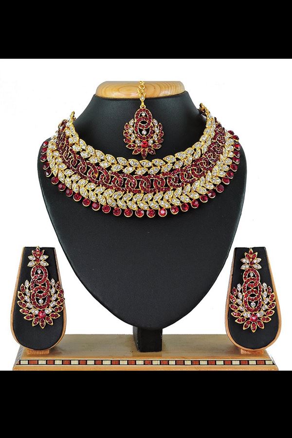 Picture of Impressive Maroon Colored Premium Choker with a pair of Earring