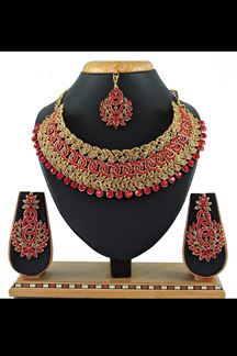 Picture of Delightful Red and Gold Colored Premium Choker with a pair of Earring