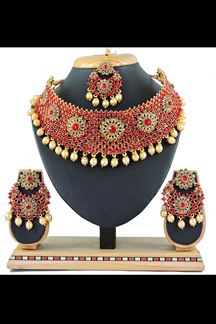 Picture of Charming Red and Gold Colored Premium Choker with a pair of Earring
