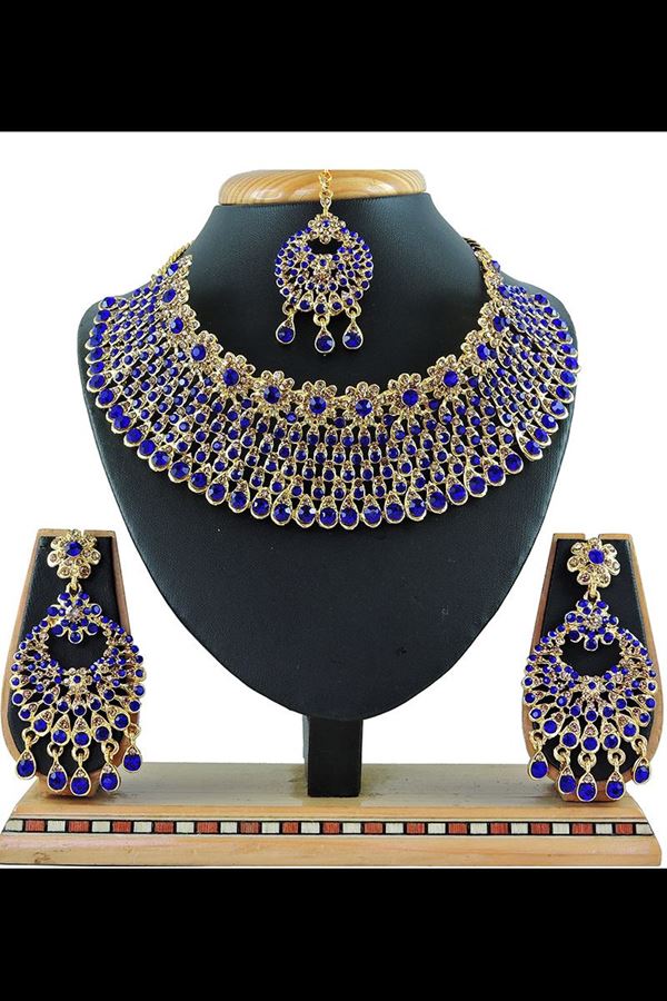 Picture of Gorgeous Blue and Gold Colored Imitation Jewellery-Necklace Set