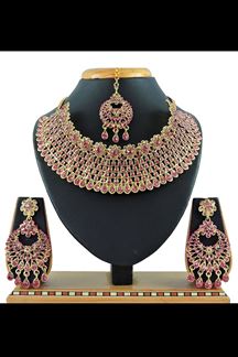 Picture of Delightful Pink and Gold Colored Imitation Jewellery-Necklace Set