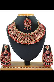 Picture of Beautiful Red and Gold Colored Imitation Jewellery-Necklace Set
