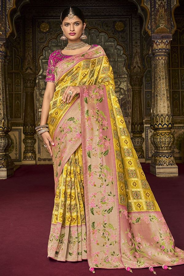 Picture of Bollywood Yellow and Pink Colored Designer Saree