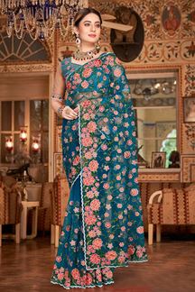Picture of Enticing Peacock Green Colored Designer Saree