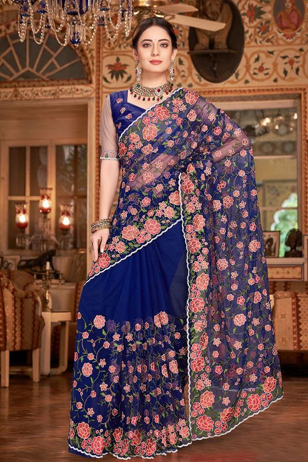 Picture of Attractive Navy Blue Colored Designer Saree