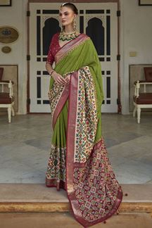 Picture of Delightful Parrot Green and Maroon Colored Designer Saree