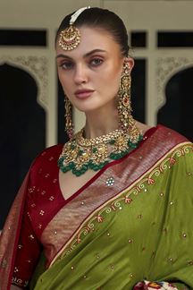 Picture of Delightful Parrot Green and Maroon Colored Designer Saree