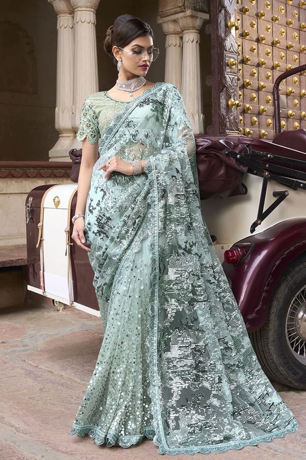 Picture of Pretty Sea Green Colored Designer Saree