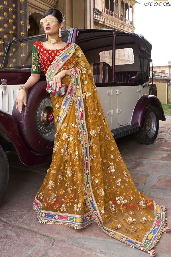 Picture of Impressive Mustard and Multi-Colored Designer Saree