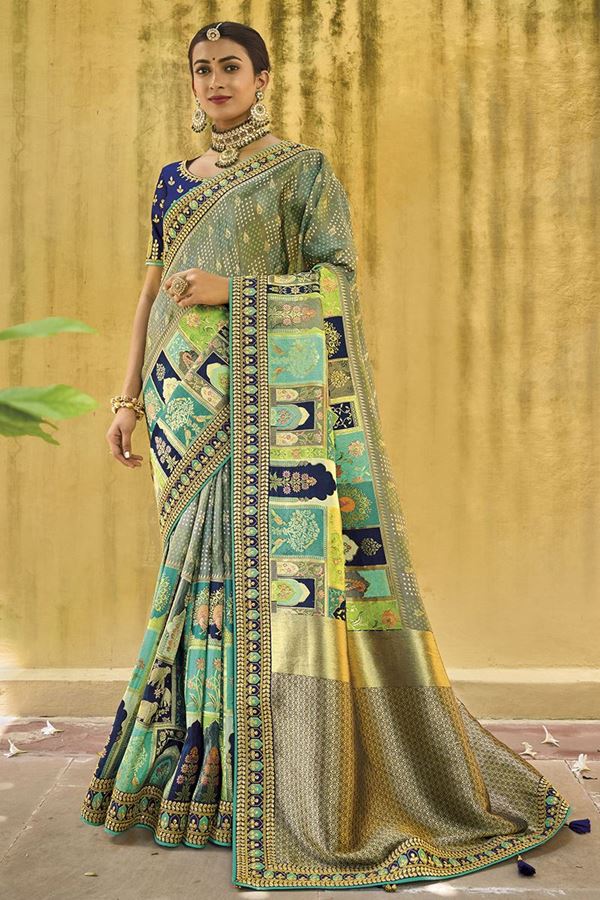 Picture of Artistic Green and Blue Colored Designer Saree