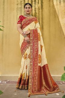 Picture of Divine Cream and Red Colored Designer Saree