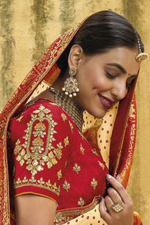 Picture of Divine Cream and Red Colored Designer Saree