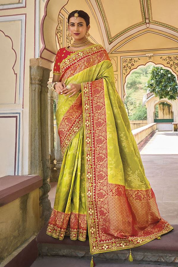 Picture of Magnificent Parrot Green and Red Colored Designer Saree
