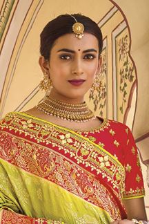 Picture of Magnificent Parrot Green and Red Colored Designer Saree