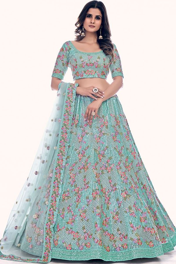 Picture of Breathtaking Firozi Colored Designer Lehenga Choli