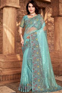 Picture of Flamboyant Sky Blue Colored Designer Silk Saree
