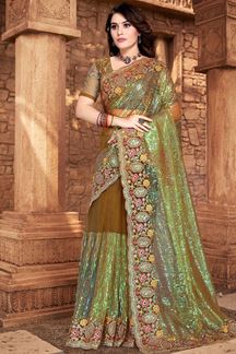 Picture of Amazing Mehendi Green Colored Designer Silk Saree