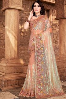 Picture of Stylish Peach Colored Designer Silk Saree