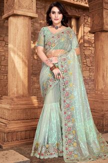 Picture of Awesome Dusty Pista Green Colored Designer Silk Saree