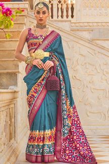 Picture of Flamboyant Blue and Pink Colored Designer Saree