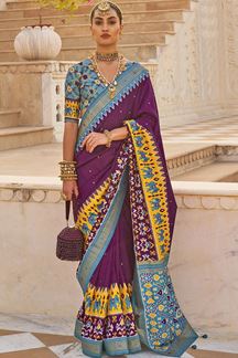 Picture of Bollywood Purple and Sky Blue Colored Designer Saree