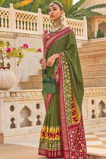 Picture of Dazzling Mehendi Green and Red Colored Designer Saree