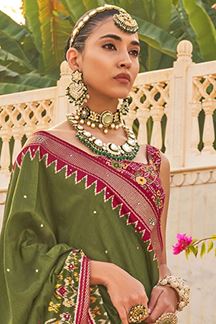 Picture of Dazzling Mehendi Green and Red Colored Designer Saree