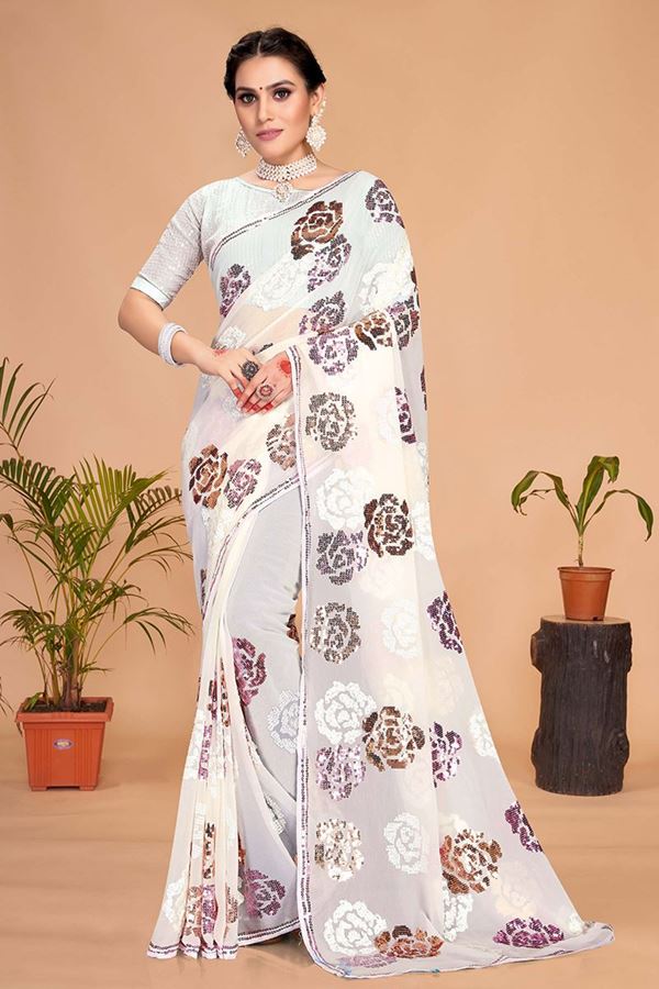 Picture of Impressive White Colored Designer Saree