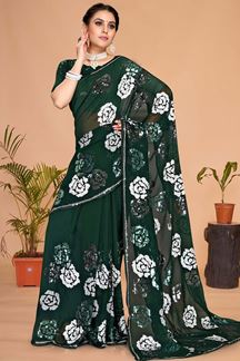 Picture of Delightful Bottle Green Colored Designer Saree