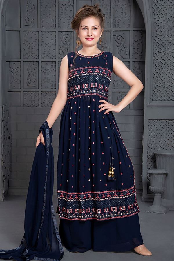 Picture of Flamboyant Navy Blue Colored Designer Kids Sharara Suit