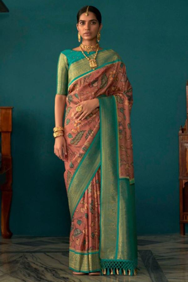 Picture of Glorious Pink and Rama Colored Designer Silk Saree