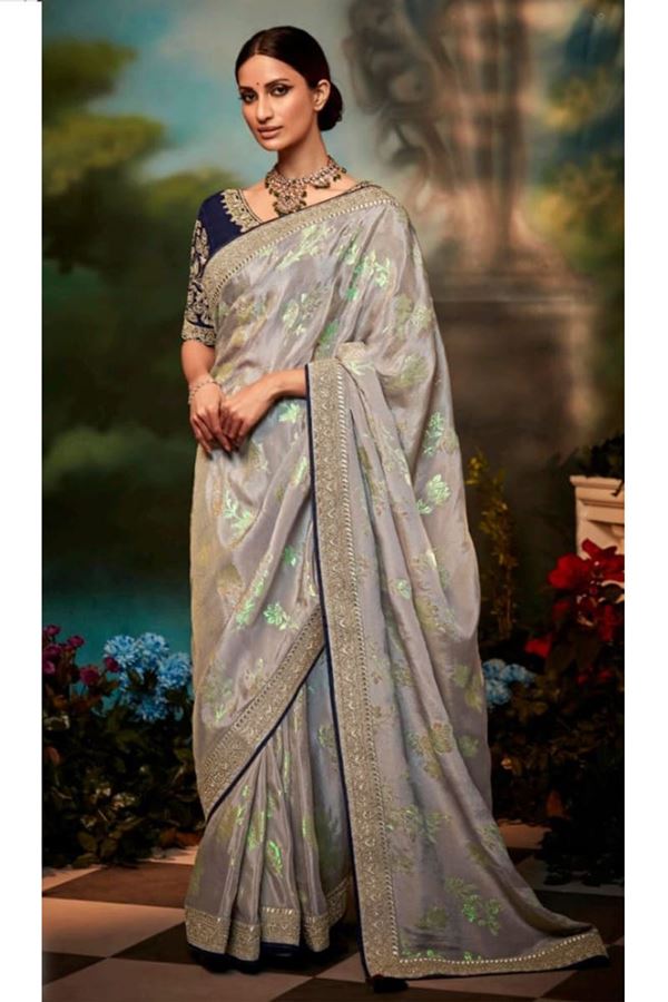 Picture of Striking Grey and Navy Blue Colored Designer Silk Saree