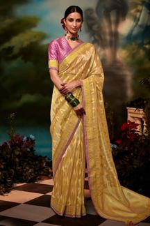 Picture of Mesmerizing Yellow and Pink Colored Designer Silk Saree