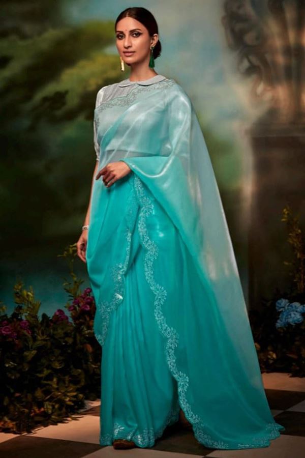 Picture of Dazzling Green and Grey Colored Designer Silk Saree