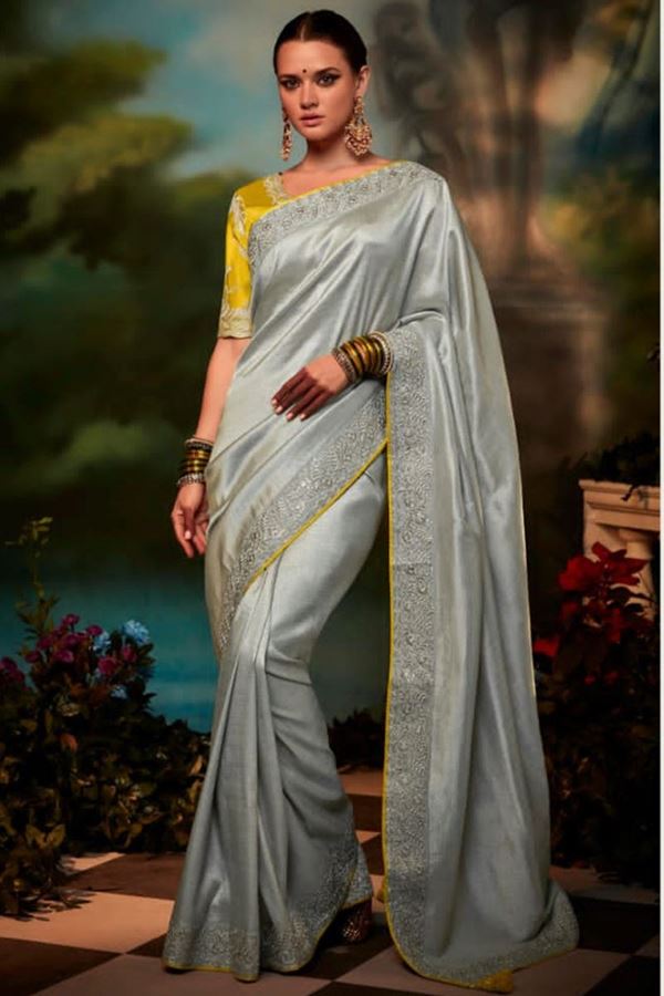 Picture of Bollywood Grey and Yellow Colored Designer Silk Saree