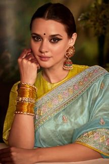 Picture of Outstanding Sky Blue and Yellow Colored Designer Silk Saree
