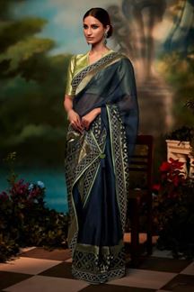 Picture of Spectacular Navy Blue and Green Colored Designer Silk Saree
