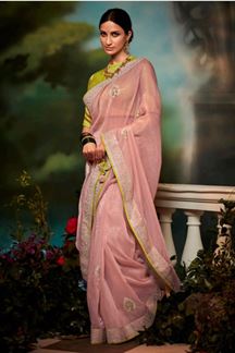 Picture of Captivating Pink and Green Colored Designer Silk Saree