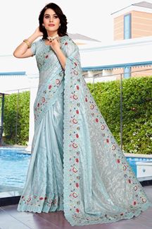 Picture of Bollywood Sky Blue Colored Designer Silk Saree