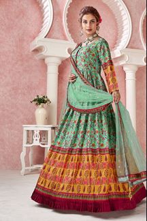 Picture of Marvelous Green and Sky Blue Colored Designer Gown