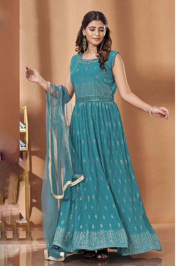 Picture of Fascinating Teal Colored Designer Gown