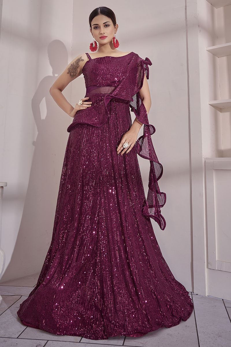 Wine Color Plain Long Gown With Fancy Dupatta – bollywoodlehenga