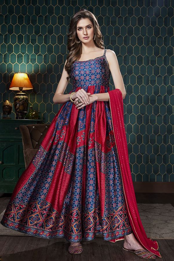 Dashing Navy Blue and Red Colored Designer Suit