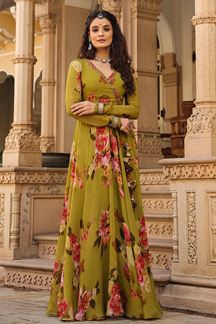 Picture of Fashionable Olive Green Colored Designer Gown