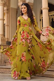 Picture of Fashionable Olive Green Colored Designer Gown