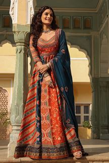 Picture of Magnificent Orange and Blue Colored Designer Gown with Dupatta