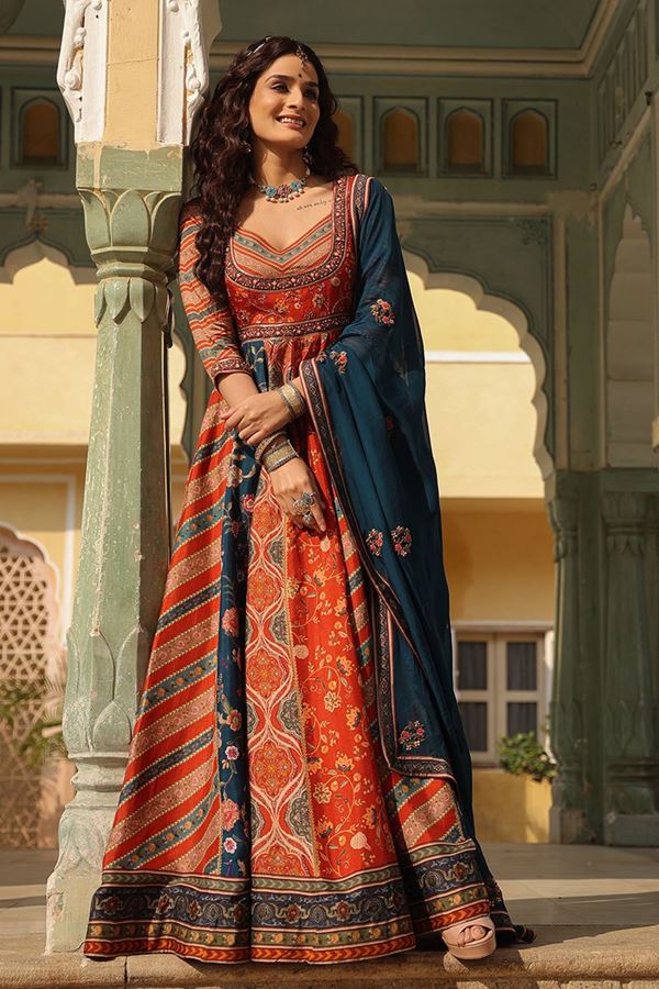 Magnificent Orange and Blue Colored Designer Gown with Dupatta Anarkali salwar kameez online shopping Anarkali dresses online