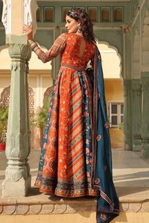 Picture of Magnificent Orange and Blue Colored Designer Gown with Dupatta