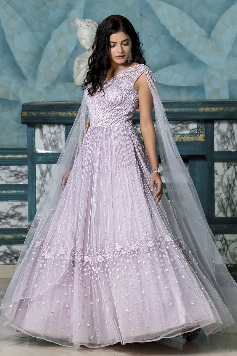 Dashing Look Half Sleeves Soft Net Fabric Dusty Pink Color Fancy Work Gown